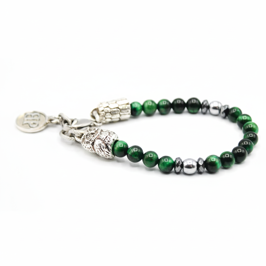 Prosperity Owls  Bracciale in Occhio di Tigre Verde ed Ematite con Gufo