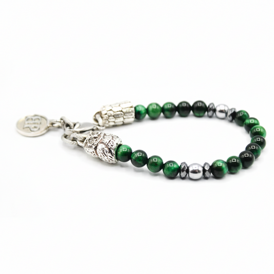 Prosperity Owls  Bracciale in Occhio di Tigre Verde ed Ematite con Gufo
