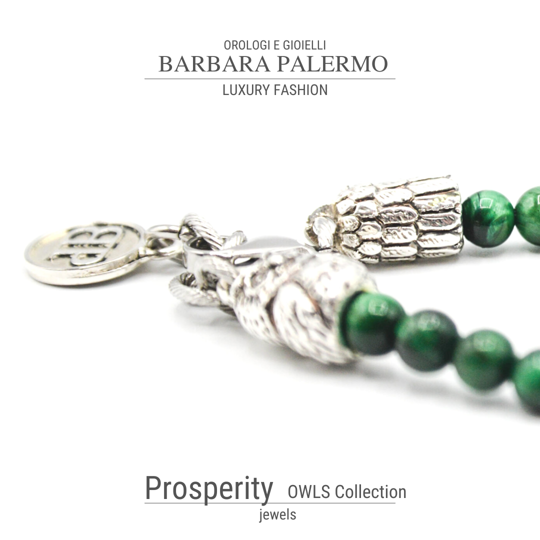 Prosperity Owls  Bracciale in Occhio di Tigre Verde ed Ematite con Gufo