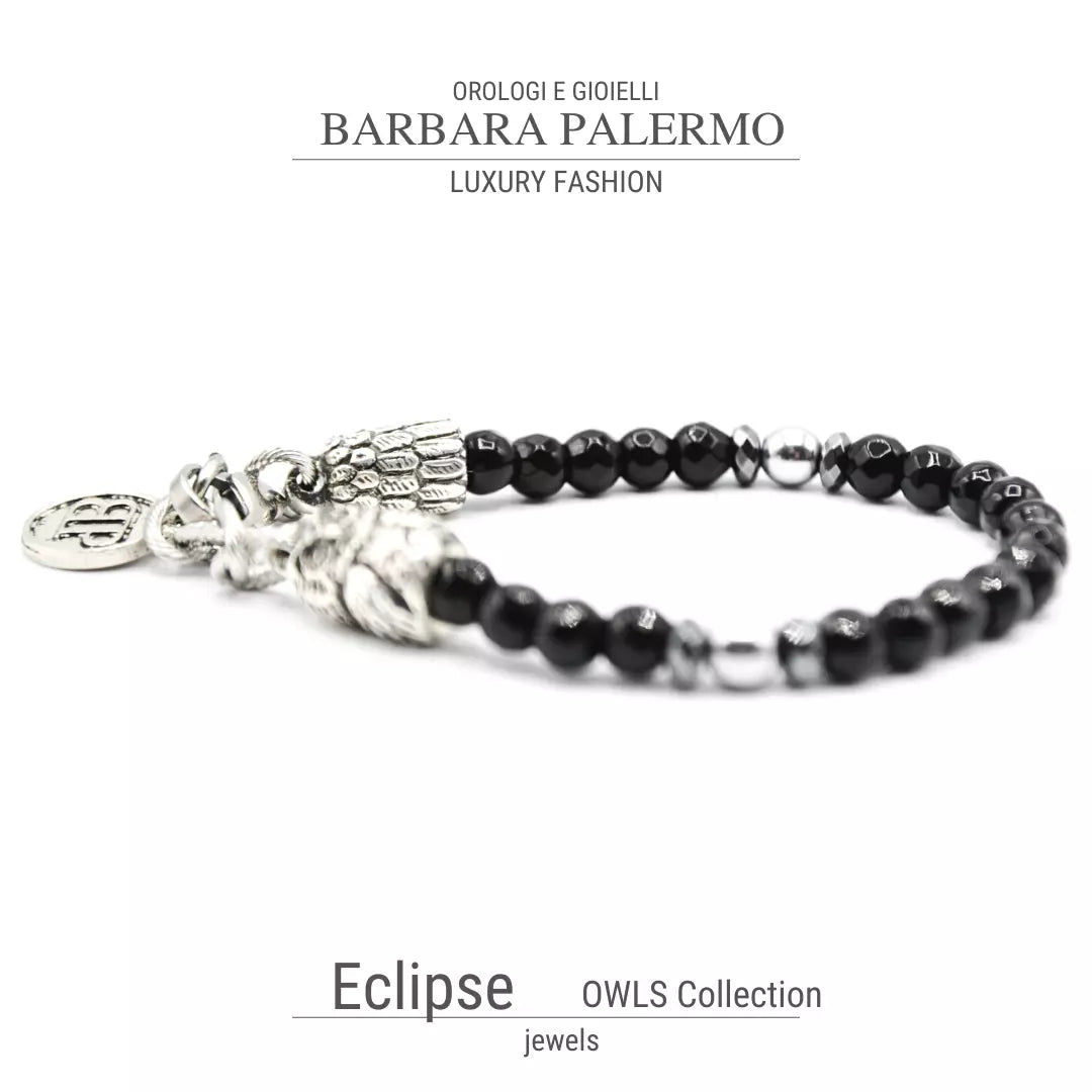 Bracciale Owls Eclipse  Onice Nera Sfaccettata & Gufo d'Argento