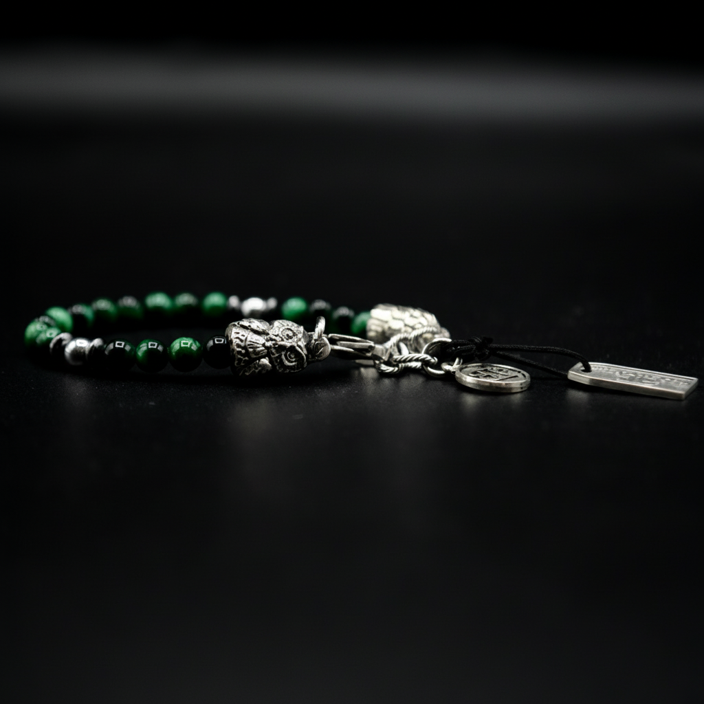Prosperity Owls  Bracciale in Occhio di Tigre Verde ed Ematite con Gufo