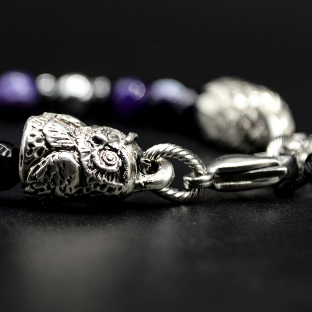 Ecstasy-Armband – facettierter violetter Achat und silberne Eule