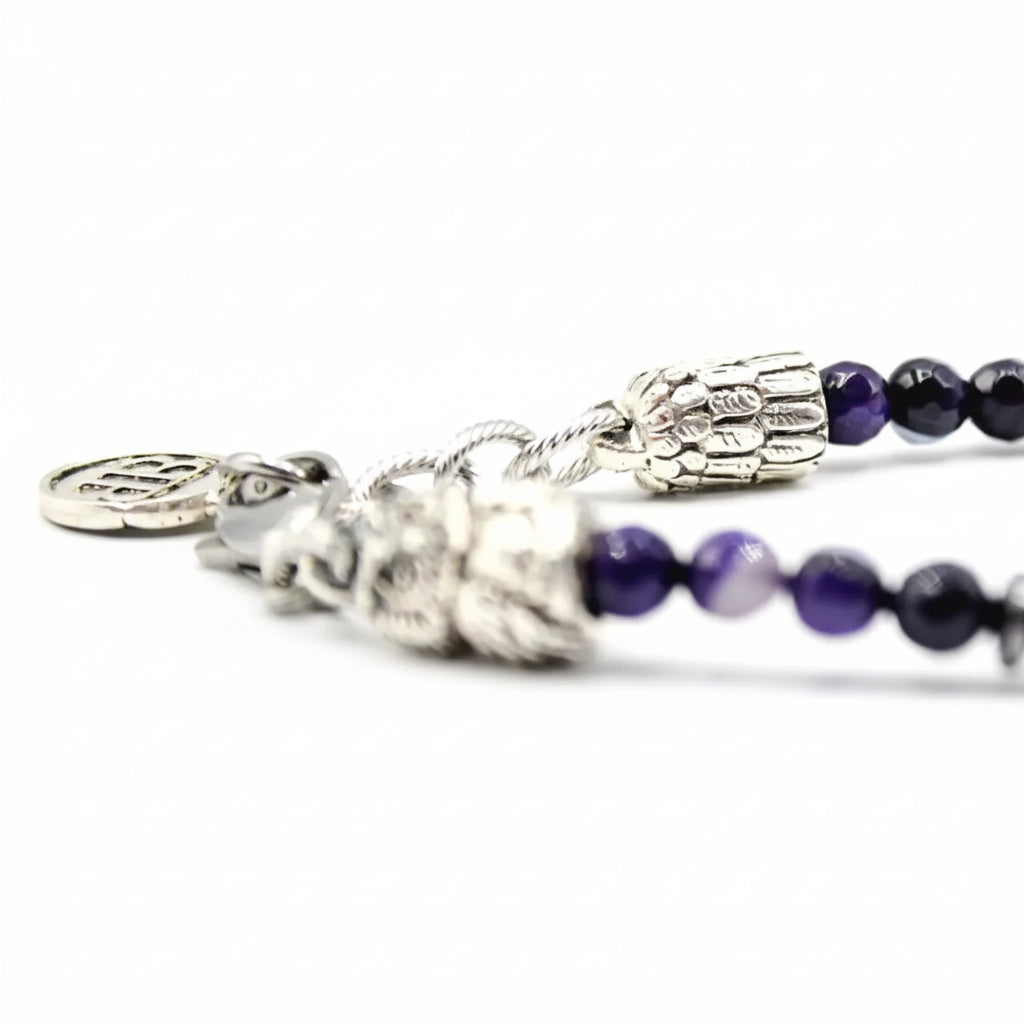 Ecstasy-Armband – facettierter violetter Achat und silberne Eule
