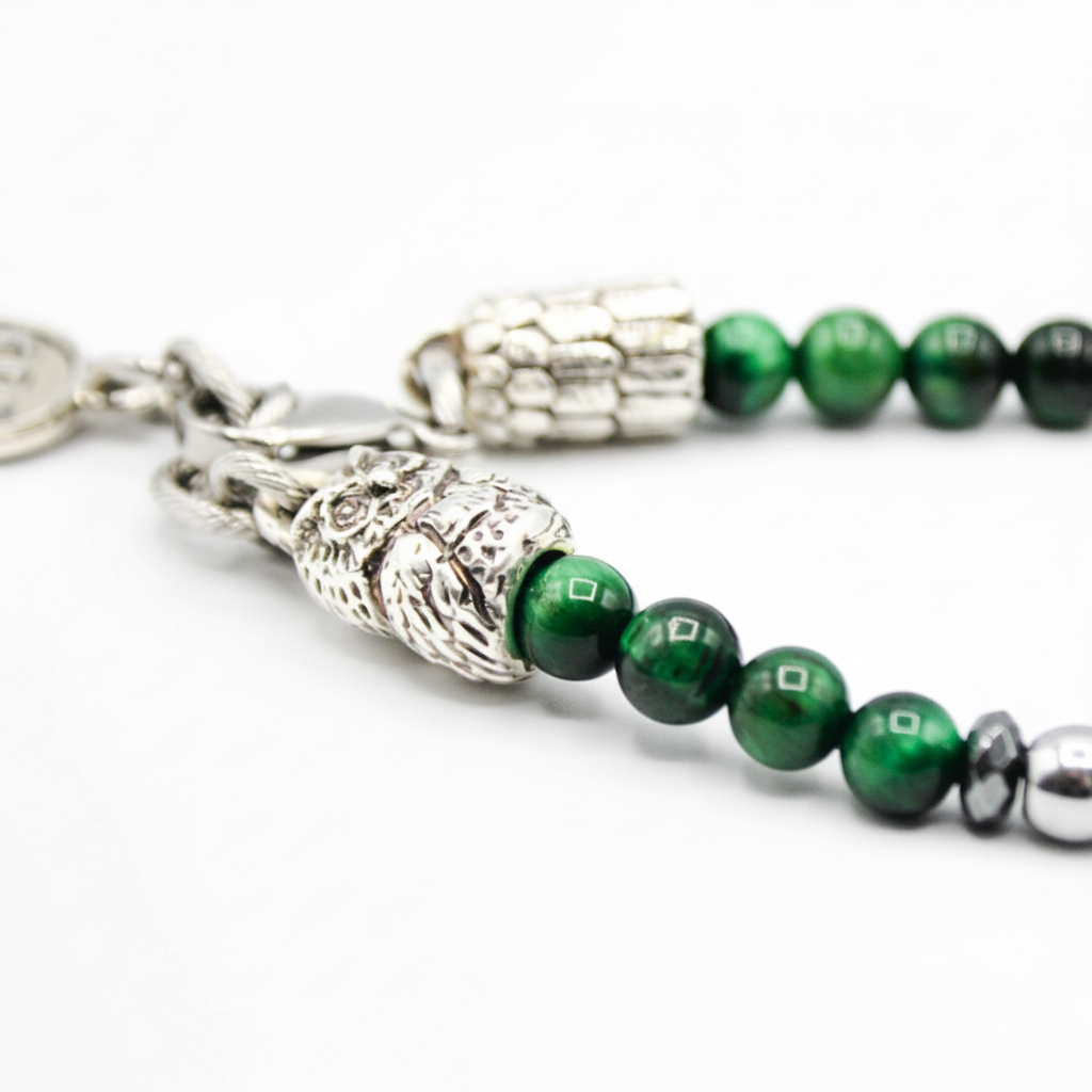 Prosperity Owls  Bracciale in Occhio di Tigre Verde ed Ematite con Gufo