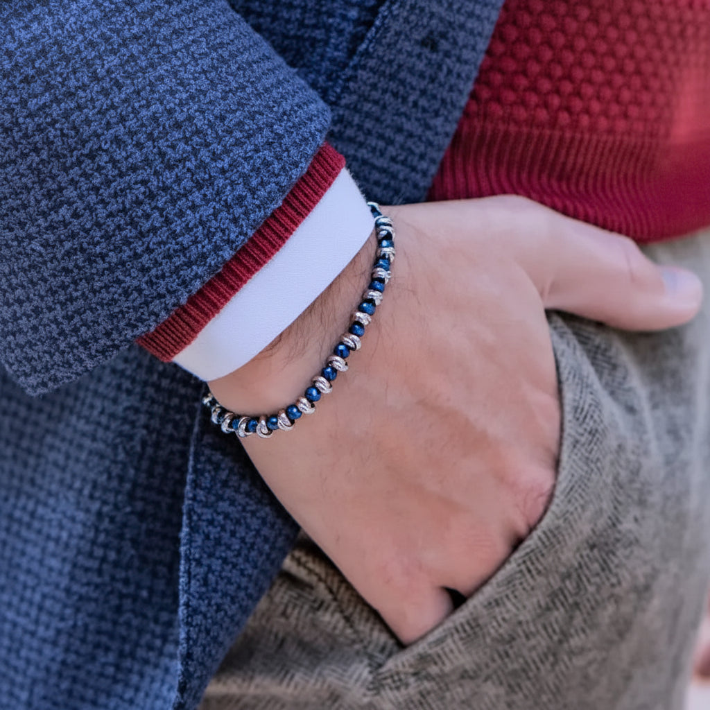 Glänzendes blaues nautisches Armband aus geflochtenem Stahl und Hämatit
