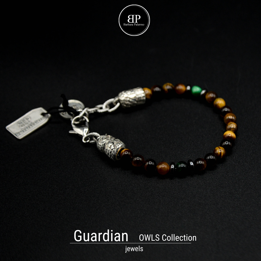 Guardian Owls Bracciale Occhio di Tigre con Gufo Argento