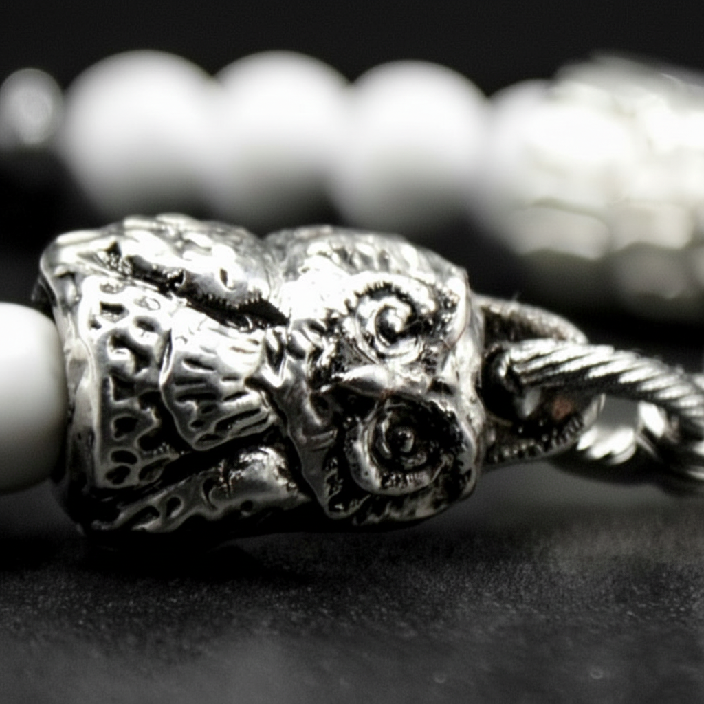 Serenity – Armband aus Howlith und Hämatit mit Eule
