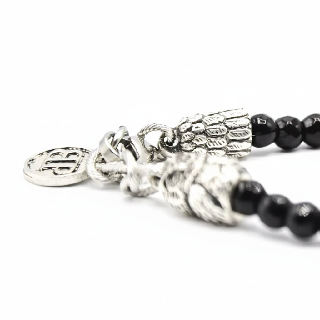 Bracciale Owls Eclipse  Onice Nera Sfaccettata & Gufo d'Argento